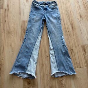 Bayeas High Rise Flare Jeans with Raw Hem Light Blue Two Tone Color Block Sz 27